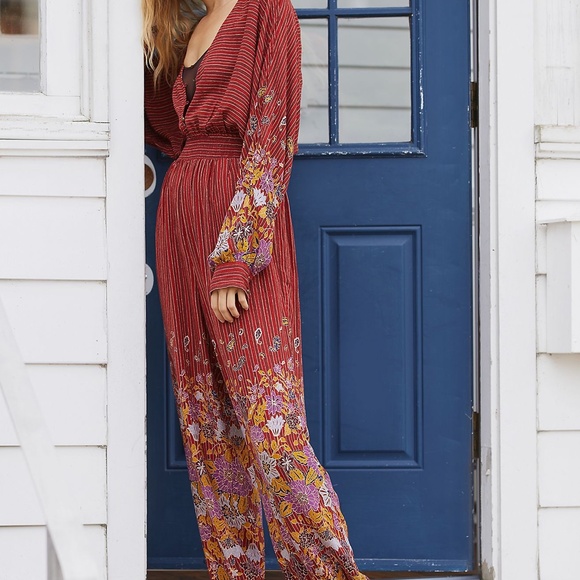 Anthropologie Breezy Open Back Burgundy and Floral Jumpsuit Romper - Picture 1 of 14